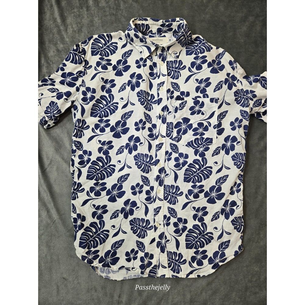French Trotter Hawaiian Shirt Mens Medium Blue White Floral Print Made in Paris